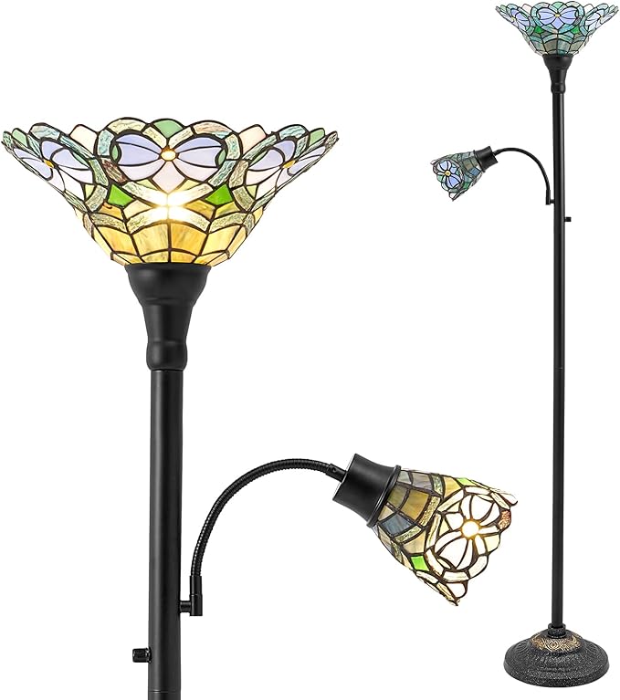 Luvkczc Tiffany Floor Lamp, Stained Glass Lamp Victorian Style with Adjustable Gooseneck Reading Lamp – 70" Tall Torchiere Floor Lamps for Living Room