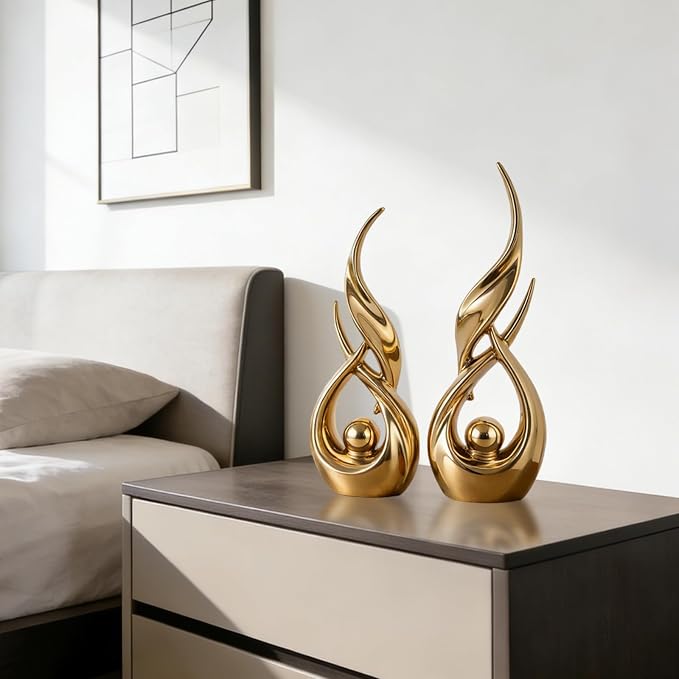2 PCS Gold Ceramic Statues for Home Decor Accents, Modern Abstract Art Sculptures, Elegant Tabletop Decorative Objects for Dining Room, Entryway, Tv Stand, Mantel, Coffee Table Centerpieces