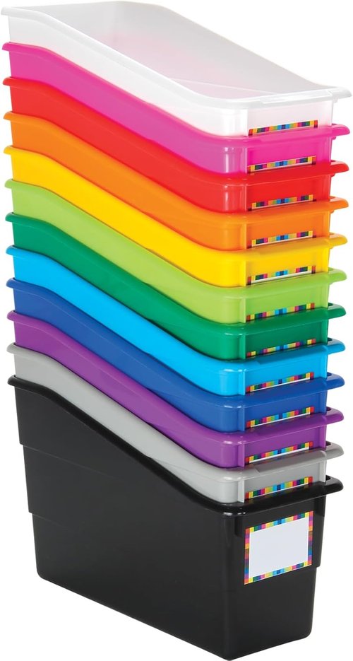 Really Good Stuff Rainbow Organizing Bins - Premium Plastic Book Holders with Labels | Vertical Storage, 12 Pack