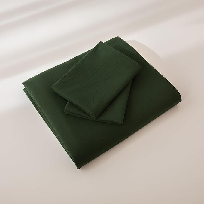 JIYUAN 100% Washed Cotton Duvet Cover Set 3 Pieces Queen, 1 Duvet Cover 90x90 Inches(Comforter Not Included) and 2 Pillowcases,Linen Feel Bedding Set Comfy and Breathable,Forest Green