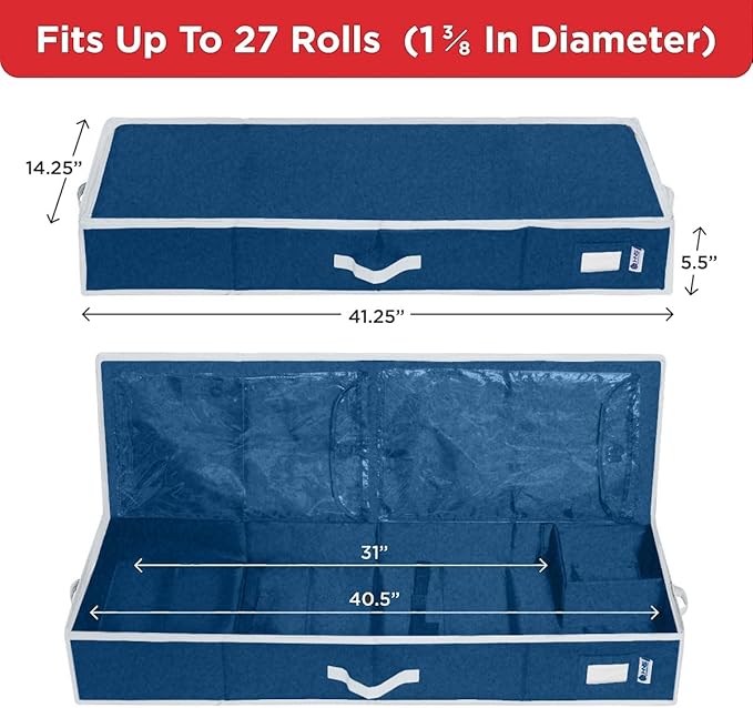HOLDN’ STORAGE Premium Wrapping Paper Storage Container - Durable 600D Tear-Proof, Fits 27 Rolls Gift Wrap, Extra Pockets for Ribbons & Bows, Underbed Storage - Ideal for Holiday Christmas, Blue