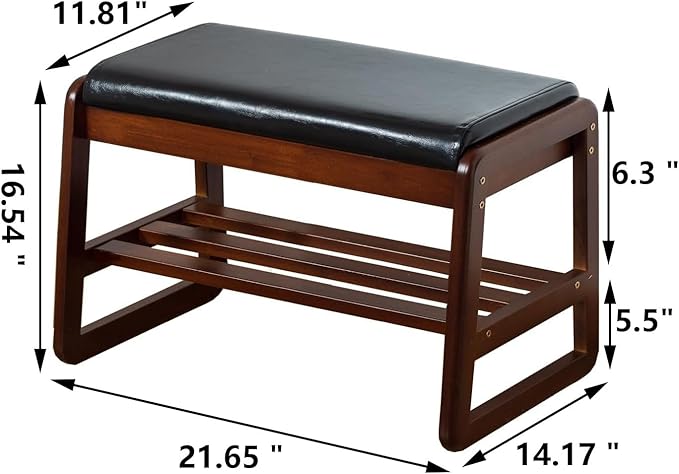 SOBIBO Solid Wood Shoe Bench, 2-Tier Entryway Bench with Cushion and Flip-Open Storage Box, Mid-Century Modern Shoe Bench Rack for Hallway, Mudroom(Black, 21.65'')