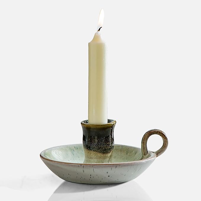 Candle Holder Ceramic Candlestick Holder, Candlelight Stand for Spell Candles, Taper Candles, and Incense, Halloween Christmas Dining Room Home Decoration Display-White and Green