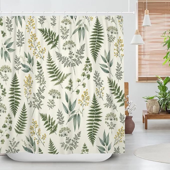 Fern Leaf Vintage Sage Green Shower Curtain Eucalyptus Farmhouse Plant Leaves Rural Floral Botanical Art Natural Waterproof Curtain for Bathroom 72x108 in with 12 Hooks