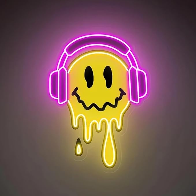 Melting Smile Face With Headphone Neon Sign for Wall Decor Neon Smile Light Signs for Kids Room Bar Party Bedroom Decor Lamp Personalized Gifts Kids Room, Wedding Decoration, Holiday Gift-Pink