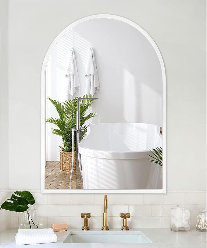 Wall Mirror Arched Metal Framed Mirrors for Wall Modern Hanging Mirror with Aluminum Frame for Bathroom Bedroom Living Room Entryway Home Decor White 28"x20"