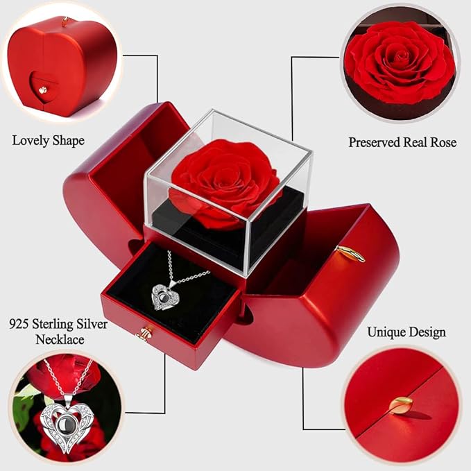 Preserved Real Rose with I love you Necklace 100 Languages, Gifts for Girlfriend, Women, Mom, Wife, Gifts Idea on Christmas, Valentine's Day, Mother's Day, Birthday, Anniversary, Thanksgiving