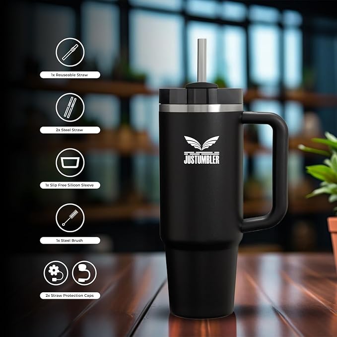 40 Oz Insulated Tumbler with Handle and Straw, Stainless Steel Coffee Travel Mug with Lid, Leak Proof Water Bottle with Accessories, Black
