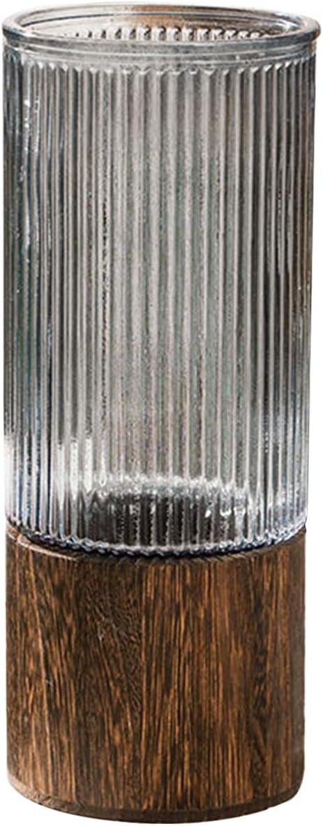 Wooden Vase, Glass Vase with Wooden Base Cylindrical Flower Vase, Classic Boho Rustic Style for Fireplace Bedroom Kitchen Living Room Centerpieces Office Desk, 10" H (Vertical Grain)