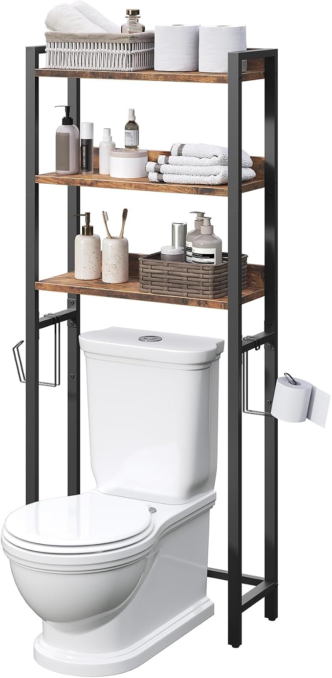 MAHANCRIS Over The Toilet Storage Rack, 3 Tier Bathroom Organizer Over Toilet, Freestanding Space Saver Toilet Stand with 2 Hooks, Bathroom Storage Shelf, Easy to Assemble, Rustic Brown TSHR6001