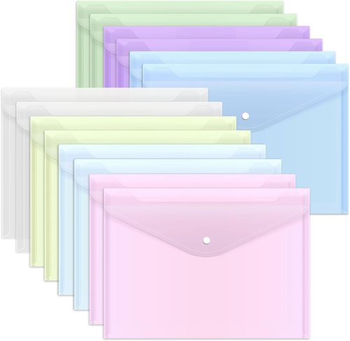 EOOUT 14-Piece Plastic Envelopes - Durable Document Folders with Snap Closure | A4 & Letter Size for School & Office