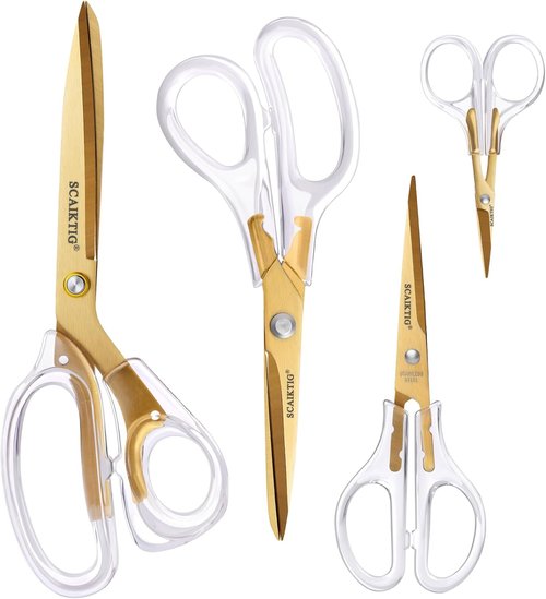 SCAIKTIG Acrylic Scissors Set - Heavy-Duty Office Scissors with Comfort-Grip Handles | Gold & Clear Finish