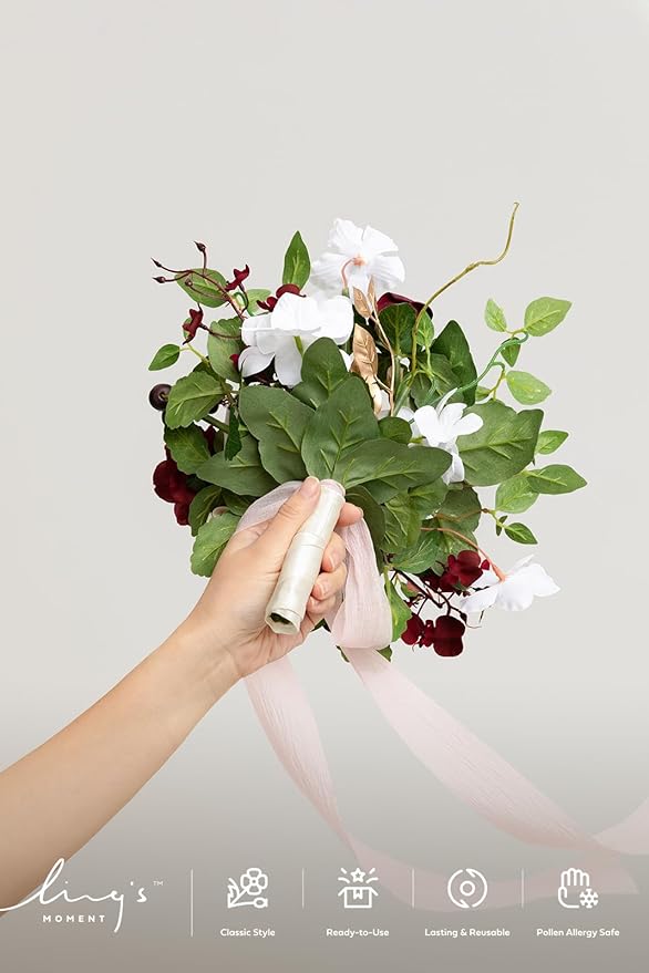 Ling's moment Marsala Red Bridesmaid Bouquet, Red Wedding Bouquets for Bridesmaids, 7 Inch Bridal Bouquets for Bridesmaids, Wedding, Ceremony, Anniversary, etc.