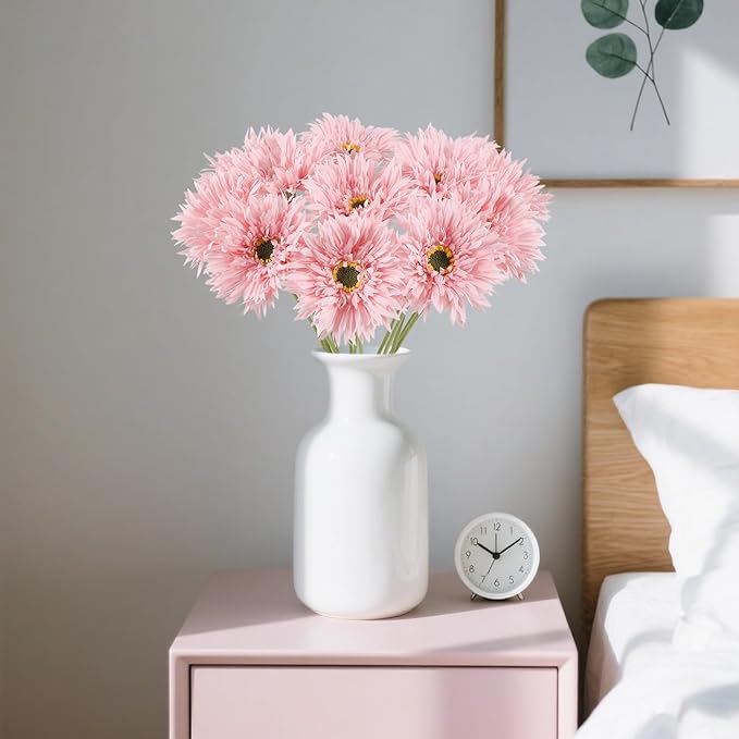 Gerbera Daisy Artificial Flowers 12pcs Pink Fake Silk Flowers Faux Daisies Bouquet with Stems for Wedding Bouquet Home Party Garden Outdoor Decoration(Pink)