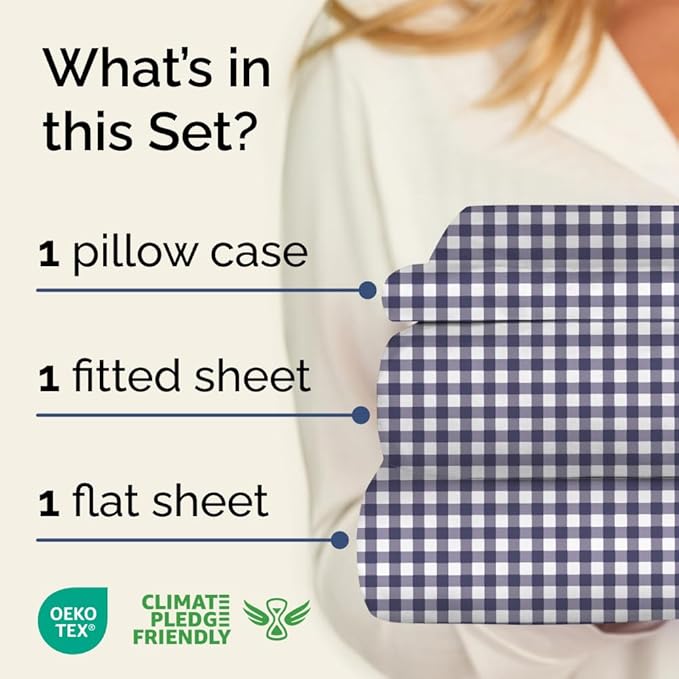 Blue Checkered Sheet Set - 1 Flat & 1 Fitted Sheet & 1 Pillowcase w/ Deep Pockets - Grid, Plaid, Gingham Pattern Bed Set - Cozy, Comfy, Wrinkle & Fade Resistant - Soft, Breathable & Cooling -Twin Size