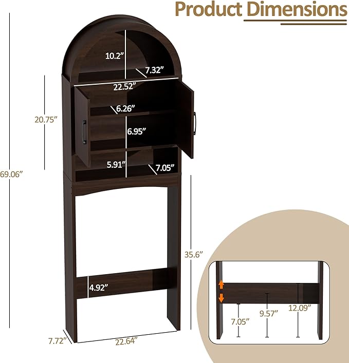 Spurgehom Over The Toilet Storage Cabinet, Bathroom Shelf Organizer Freestanding, Bathroom Arch Cabinet Over Toilet with Toilet Paper Holder and Anti-Tipping Device (Narrow Style-Coffee)