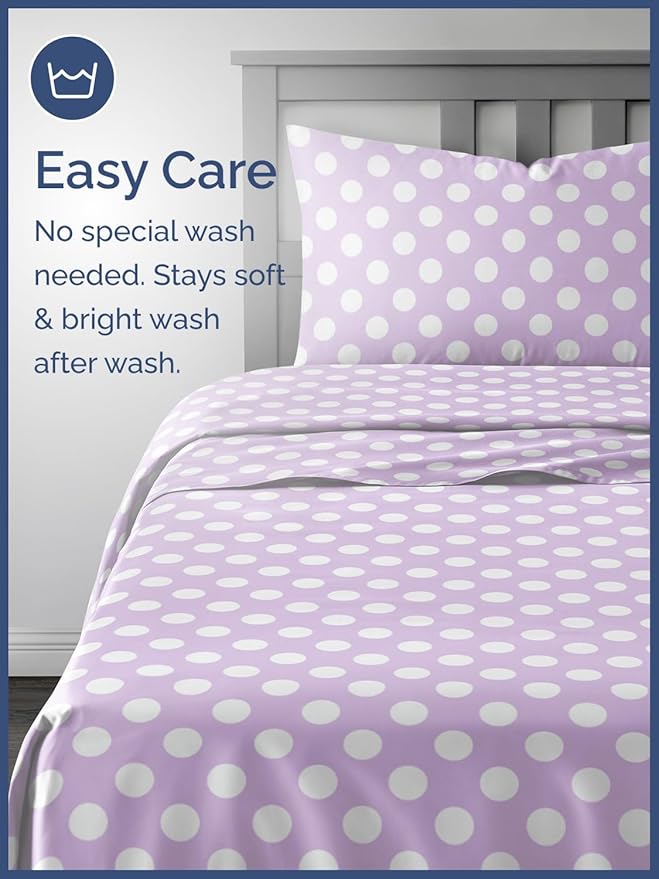 Kids Purple Dots Twin 3 Piece Sheet Set - Boys, Girls, Teens, Toddler - Easy Fit Deep Pockets - Breathable, Hotel Quality Kids Sheets - Machine Washable - Wrinkle Free - Cute, Cozy, Soft - CGK Linens