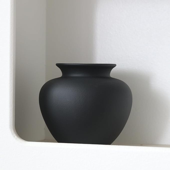 Black Ceramic Flower Vase, Decorative Jar Modern Centerpiece Table Decorations,Rustic Ceramic vases for Home Decor Dining Room,Wide Mouth Ceramic vase for Kitchen Utensils (Black, 0619)