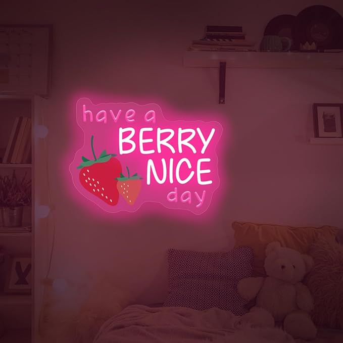 Have A Berry Nice Day Neon Sign, Aesthetic Wall Art, Light up My Happy Place Sign for Encouraging Light, Vintage Strawberry Decor, Pink Led Light for Bedroom, Club, Gifts For Birthday, Christmas Party