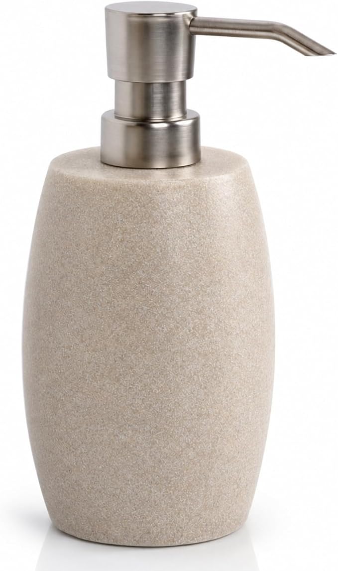 Clasin Home Sandstone Textured Resin Soap Dispenser with Metallic Pump and Waterproof Bottle Labels for Bathroom Kitchen Dish Hand Wash Shower Lotion Shampoo, 12 Oz, Beige