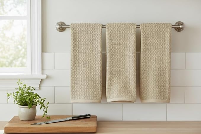 Serafina Home Tan Beige Kitchen Dish Hand Towels 100% Cotton Waffle Cloth Soft Cleaning Drying Absorbent Terry Box Loop: Set of 3 Multipurpose for Everyday Use Oversized 16" x 28"