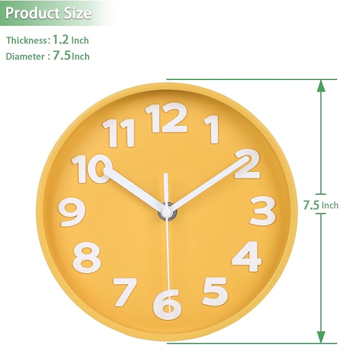 45MinST 8-Inch Yellow Modern Wall Clock – Silent Non-Ticking, 3D Large Numbers, Accurate Timekeeping | Decorative Wall & Desk Clock with Stand for Living Room, Bedroom, Kitchen, or Office