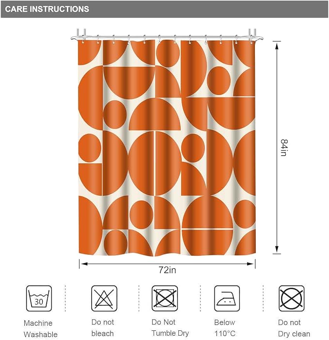 Vintage Orange Mid Century Modern Shower Curtain Boho Abstract Geometric Art Shower Curtains for Bathroom Decor 72x84 Inch 70s 80s Retro Washable Fabric Bathroom Set with 12 Hooks