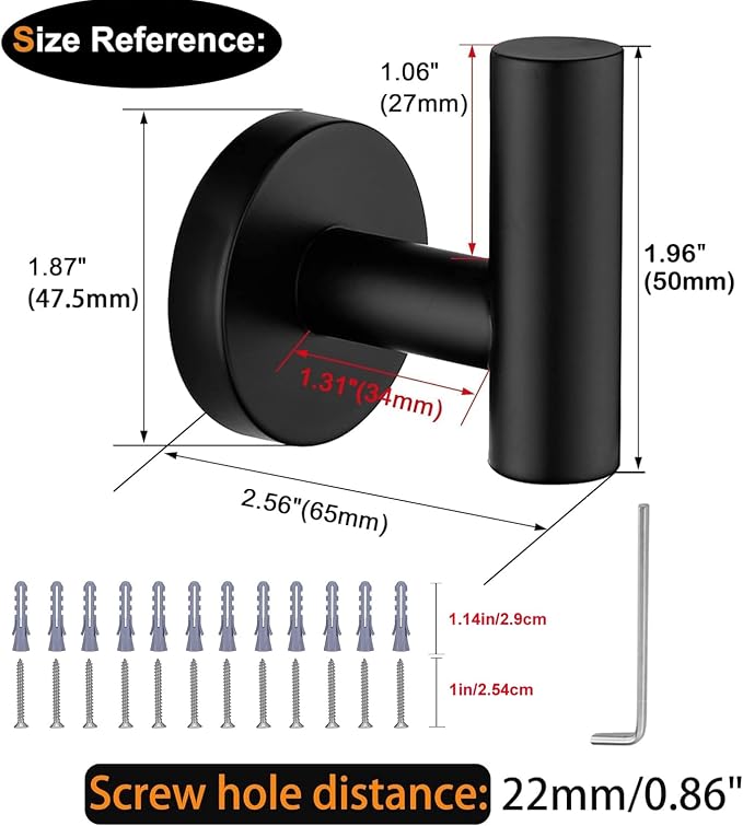 Nolimas Towel Coat Hook Matte Black SUS304 Stainless Steel Bathroom Clothes Cabinet Closet Sponges Robe Hook Wall Mounted Round Kitchen Heavy Duty Door Hanger 6 Packs
