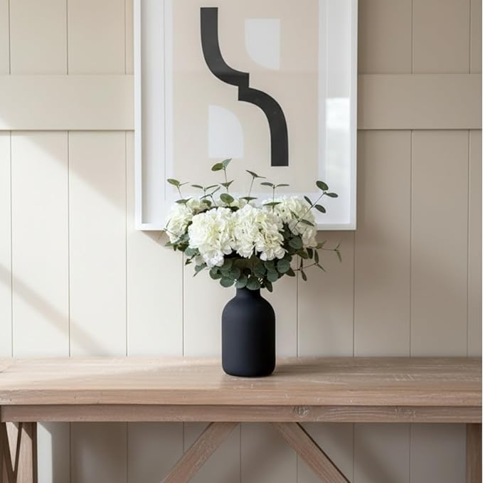 Real Touch White Faux Hydrangea And Eucalyptus Arrangement, Faux Floral Arrangements, Hyper Realistic Artificial Flowers, White Centerpieces For Kitchen Dining Coffee Table Decor, 5 Heads + Greenery