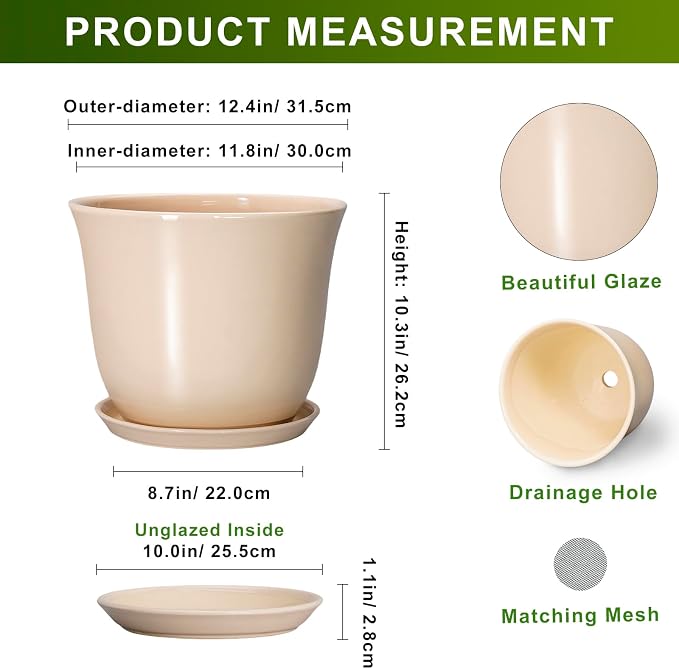 Ceramic Plant Pots - 12 Inch Plant Pot with Drainage Hole and Tray, Large Round Flower Pot for Indoor Outdoor, Modern Planter, Decorative Planters, Home Garden Decor, Beige