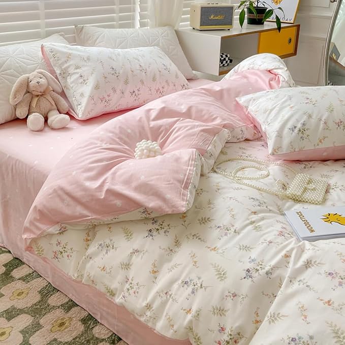Nayoroom Pink Floral Duvet Cover Full Size Green Botanical Leaf Printed on White Reversible Coquette Bedding Set 3 Pcs Soft Microfiber Spring Cottagecore Comforter Cover with Zipper Closure