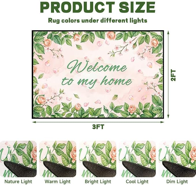 Welcome Rug Floral Area Rug for Entryway Bedroom Living Room Nursery Playroom Classroom Home Decor Pink Rose Green Leaf Carpet Non-Slip Washable Floor Mat,2'x3'