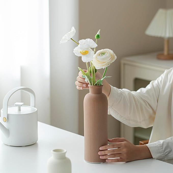 Modern Ceramic Vase Set, Earth Tone Natural Color Ribbed Matte Design, 3-Piece Decorative Vases for Home, Living Room, Office (Coffee Mix)
