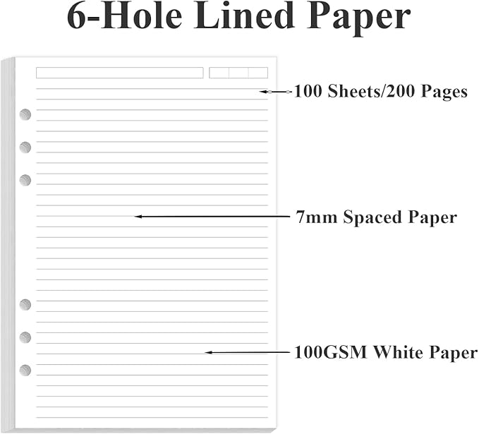 6 Hole Lined Paper Refills for A5 Ring Binder - 100 Sheets/200 Pages Loose Leaf Paper Line Refills for Filofax Planner, 100 gsm White Paper, 5.8" x 8.25"