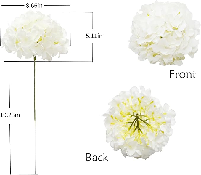 DuHouse Artificial Bigger Silk Hydrangea Flower Heads with Stem Fake White Hydrangea Flowers for Wedding Home Garden Centerpiece Pack of 6