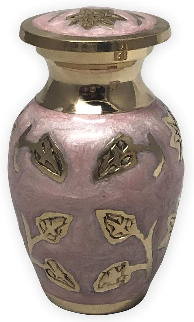 Pink Garden Brass Keepsake Cremation Urn | Unique Brass Funeral Urn with Gold & Pink Enamel Details | Keepsake