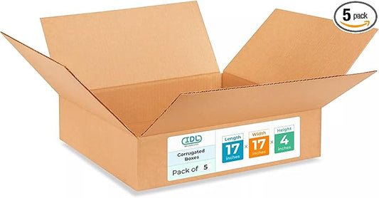 Medium Shipping & Moving Boxes 17 x 17 x 4 inches (5-Pack) - Extra Strength 200 lb vs Regular - Corrugated Cardboard Boxes for USPS/UPS/FEDEX - Durable Box for Moving - Medium Box by IDL Packaging