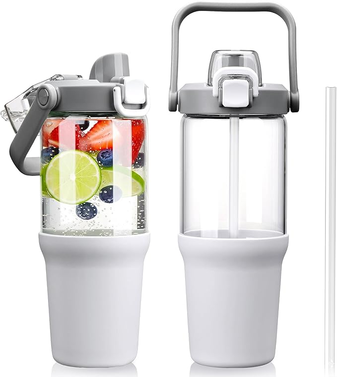 Glass Tumbler with Carry Handle, Clear Glass Water Bottle with Leakproof Lid, Spout Lid&Straw, BPA-Free, 32 oz, White