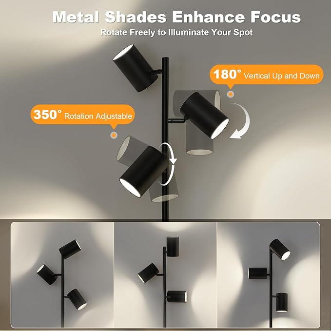 4000LM LED Tree Floor Lamp, 36W Super Bright Reading Lamp with Remote, Dimmable Tall Standing Light with 3 Rotatable Heads & 6 Color Temperatures, Modern Floor Lamps for Living Room Bedroom Office