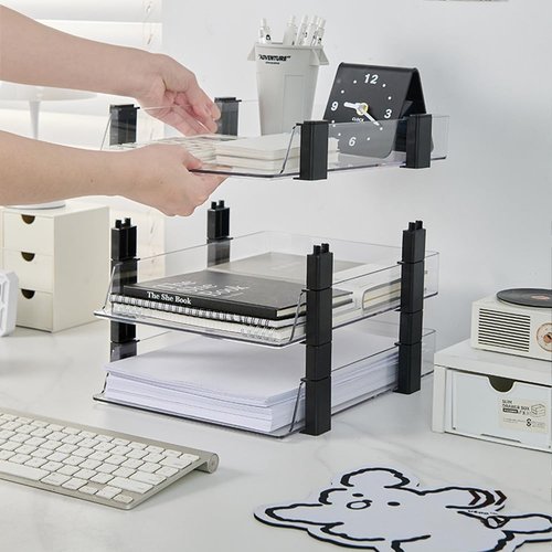 Clear 2-Tier Stackable Paper Tray Organizer - Transparent Desktop Document Sorter for A4/Letter Files