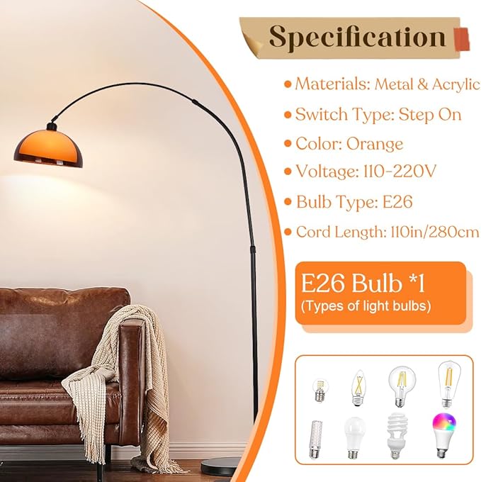 Arc Floor Lamp for Living Rooms Orange Mushroom Two-Layered 70" Modern Floor Lamp with Marble Base Arch Standing Lamp for Living Rooms, Home Offices, Dining Rooms, Bedrooms,Acrylic Lampshade