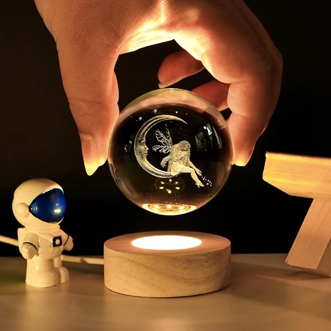 3D Fairy Crystal Ball with LED Stand, Fairies Figurines Lamp Night Light, Fairy Moon Decor Glass Sphere Balls Gifts for Women Girls Mom Kids(60mm)