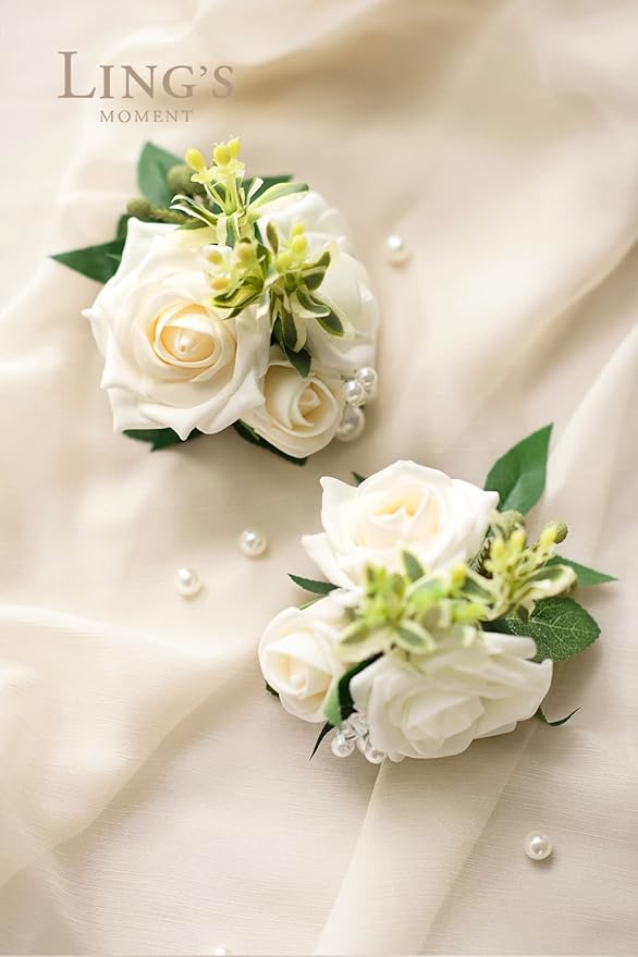 Ling's moment 2pcs Homecoming Wrist Corsage Artificial Flowers, Girl/Mother Corsages Wristlet Décor for Prom/Wedding/Anniversary, etc. White Ivory