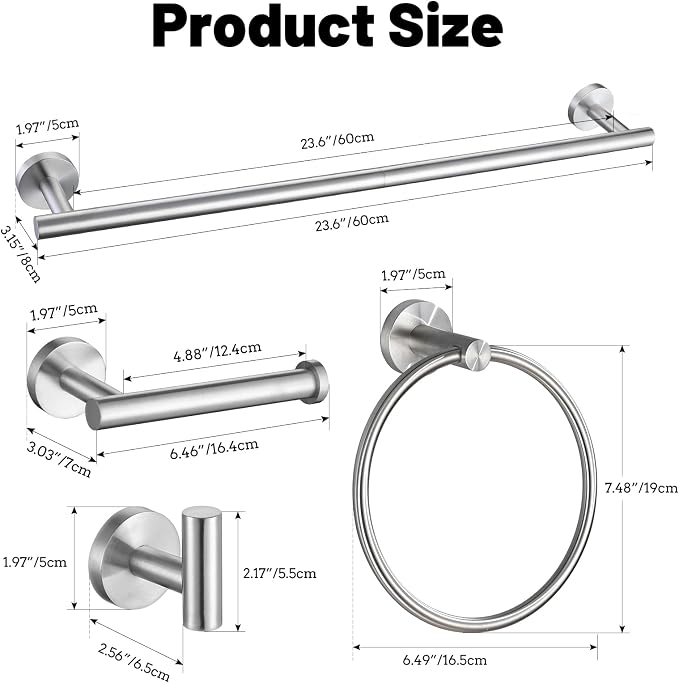 5 Pieces Brushed Nickel Bathroom Hardware Accessories Set SUS304 Stainless Steel Towel Bar Holder Set, 23.6Inch Towel Racks for Bathroom, Robe Towel Hooks, Toilet Paper Holder Wall Mounted