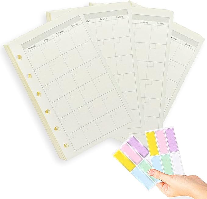 A7 Planner Refill,4 Packs per Set, Monthly Plan Paper, A7 Pocket Binder Refills Inserts 6 Ring with Label Stickers Gift,Mini Binder Refills,6 hole/100gsm Thick Paper/4.84 x 3.23'', Harphia
