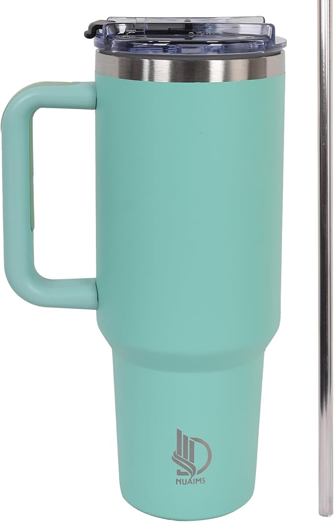 40oz Insulated Tumbler with Handle, Leakproof Straw Lid & Carry Handle - Double Wall Vacuum Insulation Keeps Ice 24 Hours, BPA Free Stainless Steel Water Bottle (Pale Turquise)