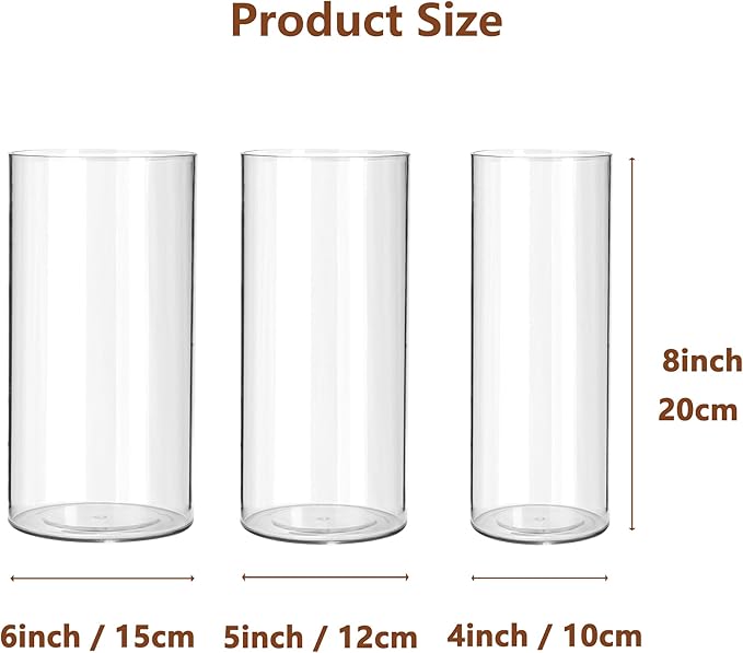 3 Pack Acrylic Cylinder Vases, Non-breakable Vase for Centerpieces, 8 inch Tall Clear Flower Vase Bulk Floating Candle Holder for Wedding Table Home Decor and Party