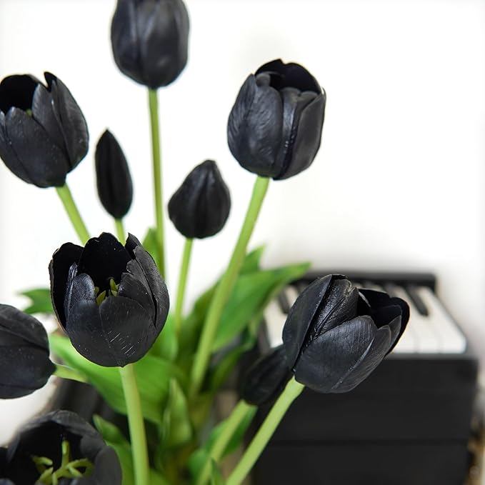 10 Pcs Fake Tulips Tulips Artificial Flowers Real Touch Fake Flowers Artificial Flower Bouquet for Home Table Party Wedding Decoration(Black)