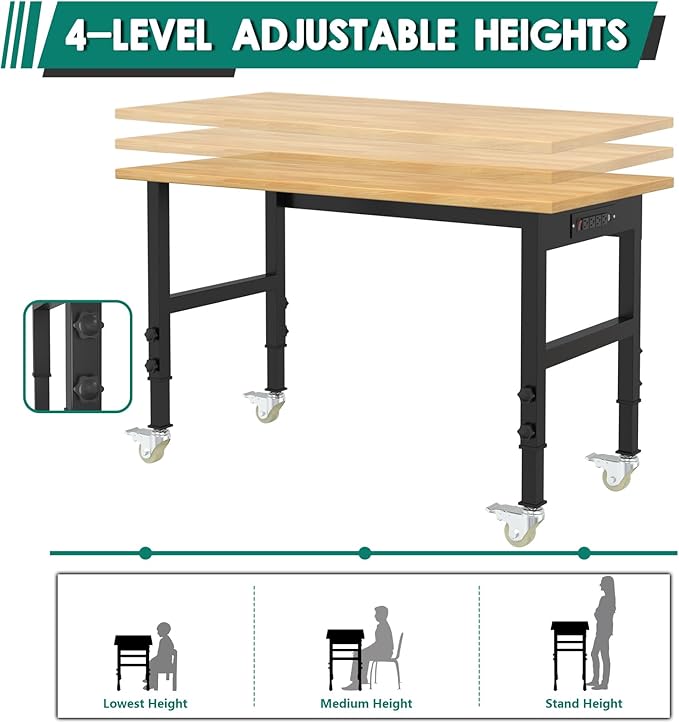 Adjustable Heavy Duty Workbench with Wheels,Rubber Wood Top Working Table, 2500 LBS Load Capacity with for Workshop and Office,etc.