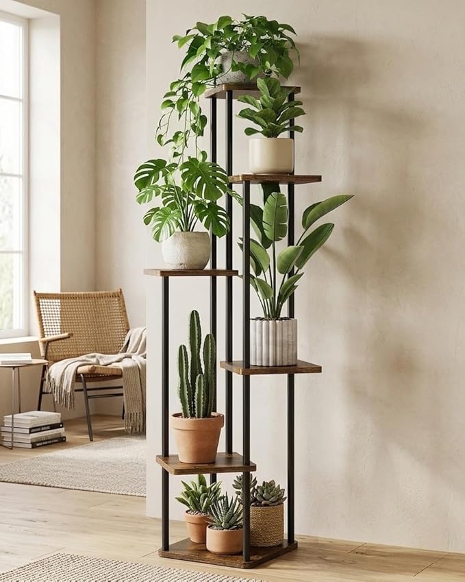 GENTINGBRO Corner Plant Stand Indoor 6 Tiered Tall Plant Stand Plant Shelf for Multiple Plants Coner Shelf Wood Plant Stands Metal Shelving for Living Room Bedroom Balcony Patio Brown Oak